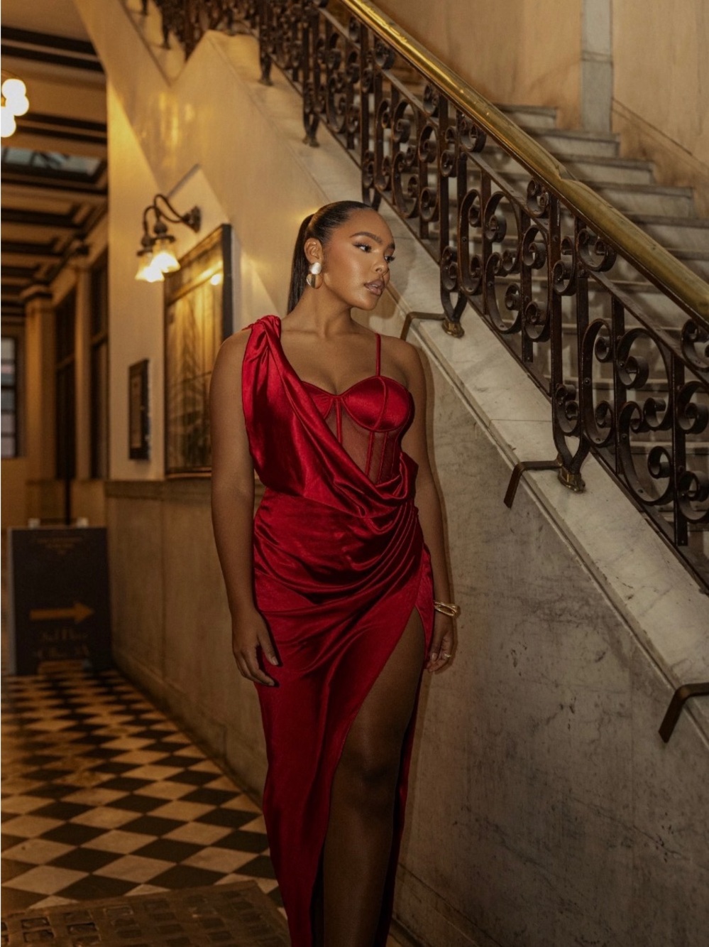 JLUXLABEL Red Satin High-Low Draped Corset Evening Dress